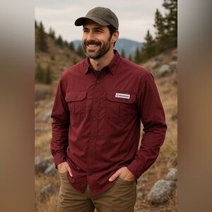 Magellan Outdoors Gorpcore Gear Burgundy Vented Fishing Shirt Men L Rugged Hunt